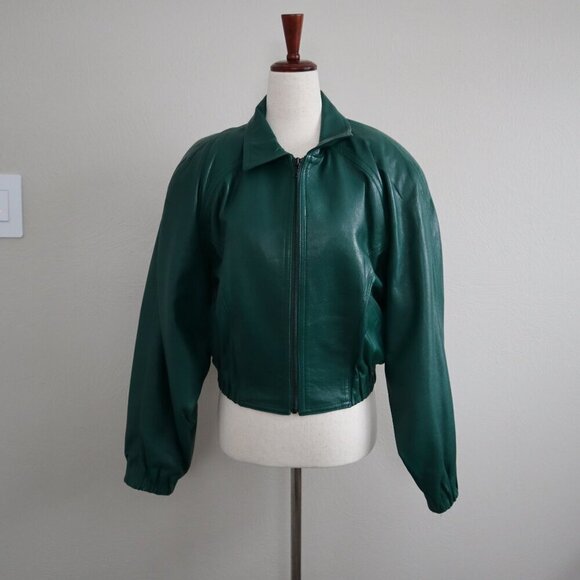 North Beach Green Leather Bomber Jacket Size 9/10 - Picture 2 of 8